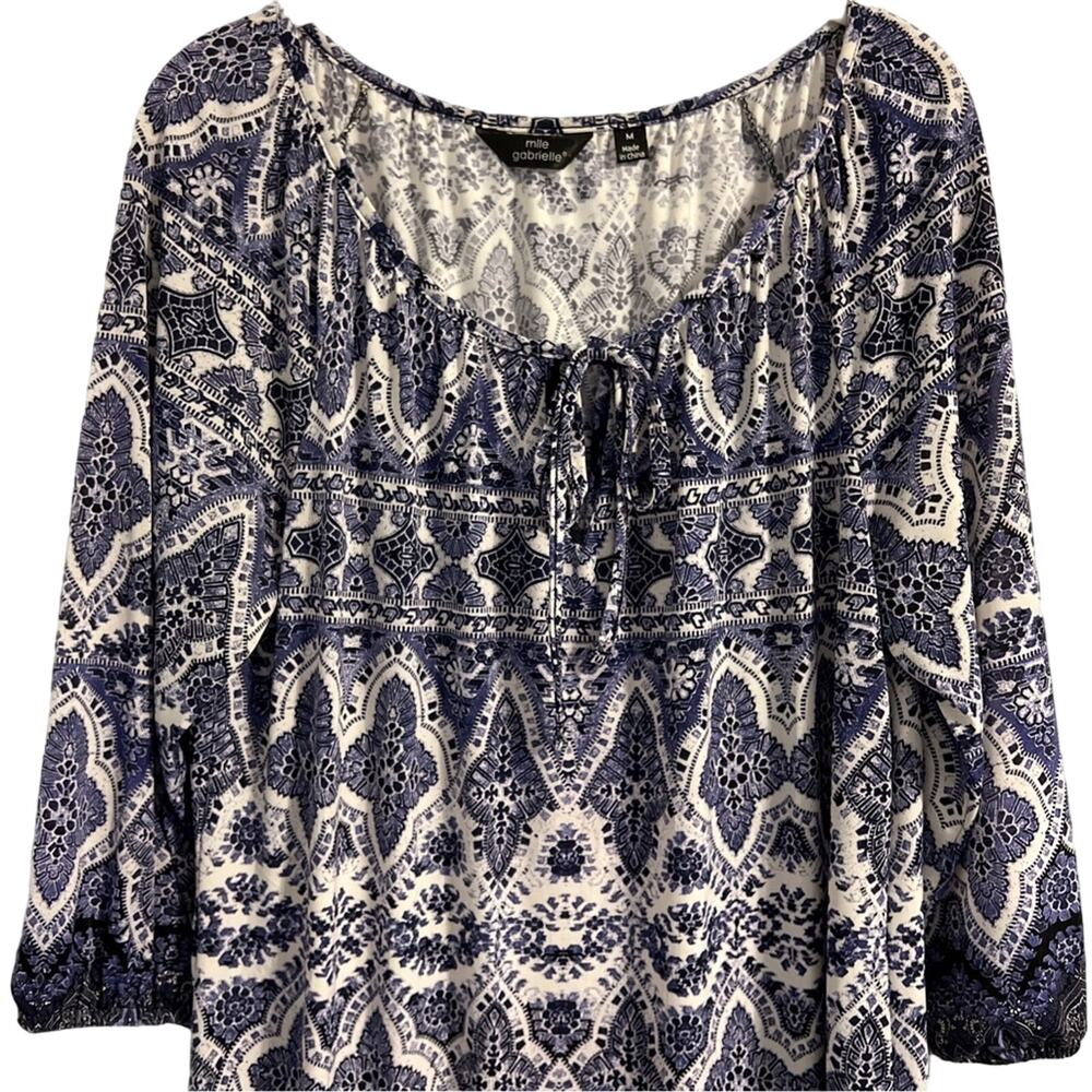 Mlle Gabrielle Dress Size Medium Blue Patterned Boho Scoop Neck 3/4 Sleeves - Picture 2 of 7